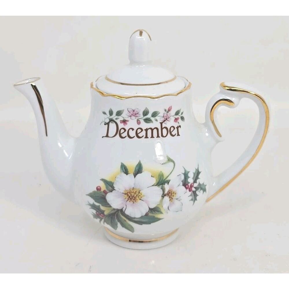 Golden Crown E& R Germany 3 1/2 in Mini Birthday Teapot White Floral December